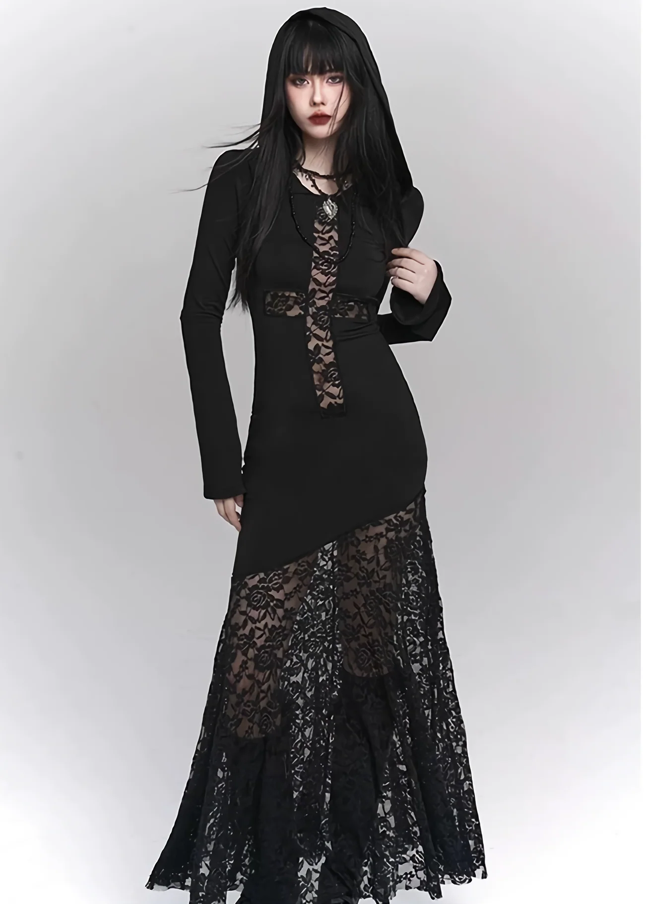 Lace Cross Hoodie Dress for Modern Goth Aesthetic