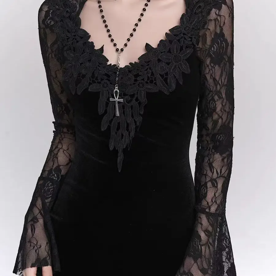 Gothic Velvet Maxi Dress with Lace Sleeves and V Neck