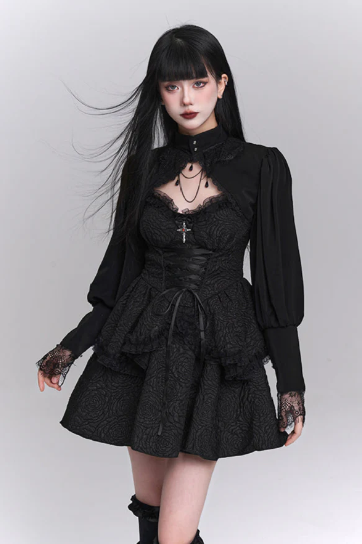 Black Lace-Up Flared Gothic Dress