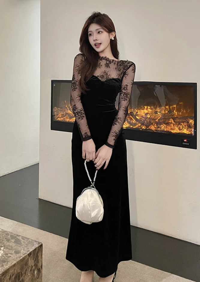 Gothic Lace Mermaid Dress in Elegant Black