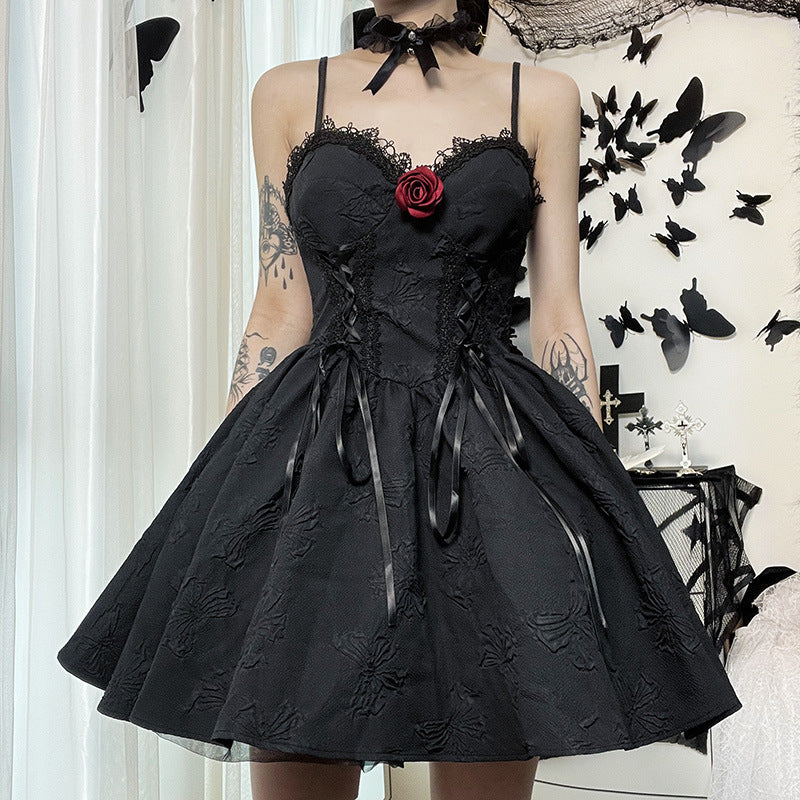 Sensual Lace Trimmed Gothic Dress with Removable Rose Accent
