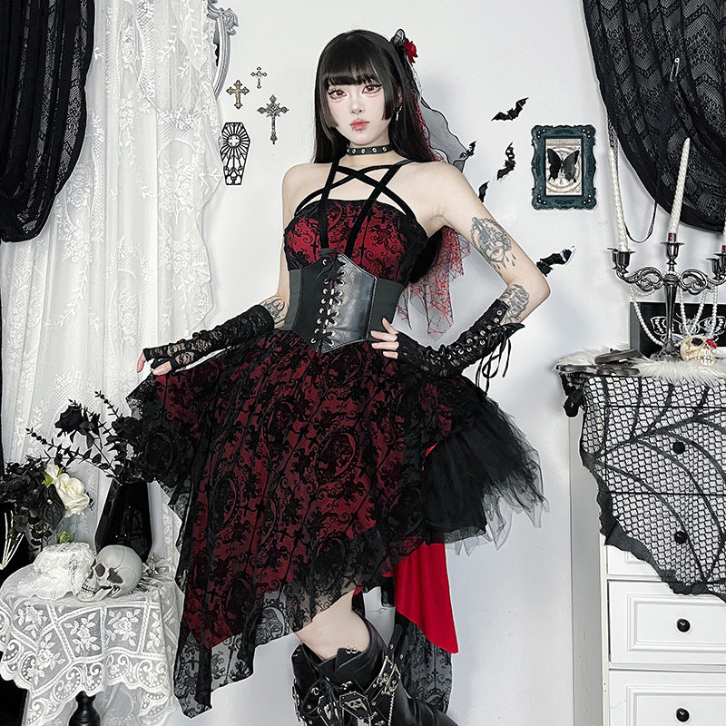 Gothic Red Flocked Mini Dress with Halter Neck Style