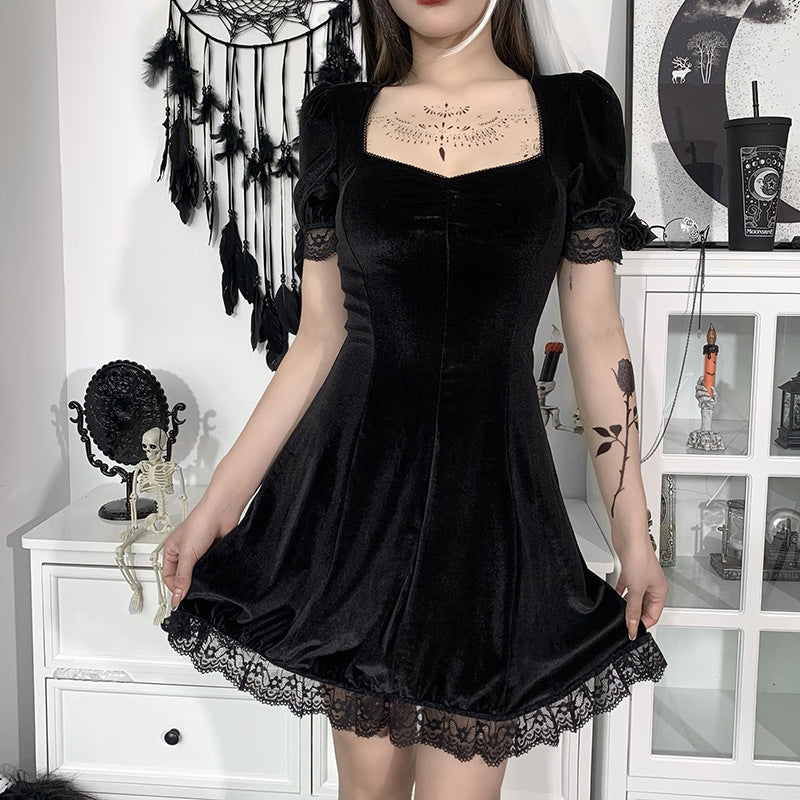 blue dress for baby girl Puff Sleeve Lace Trim Gothic Velvet Dress