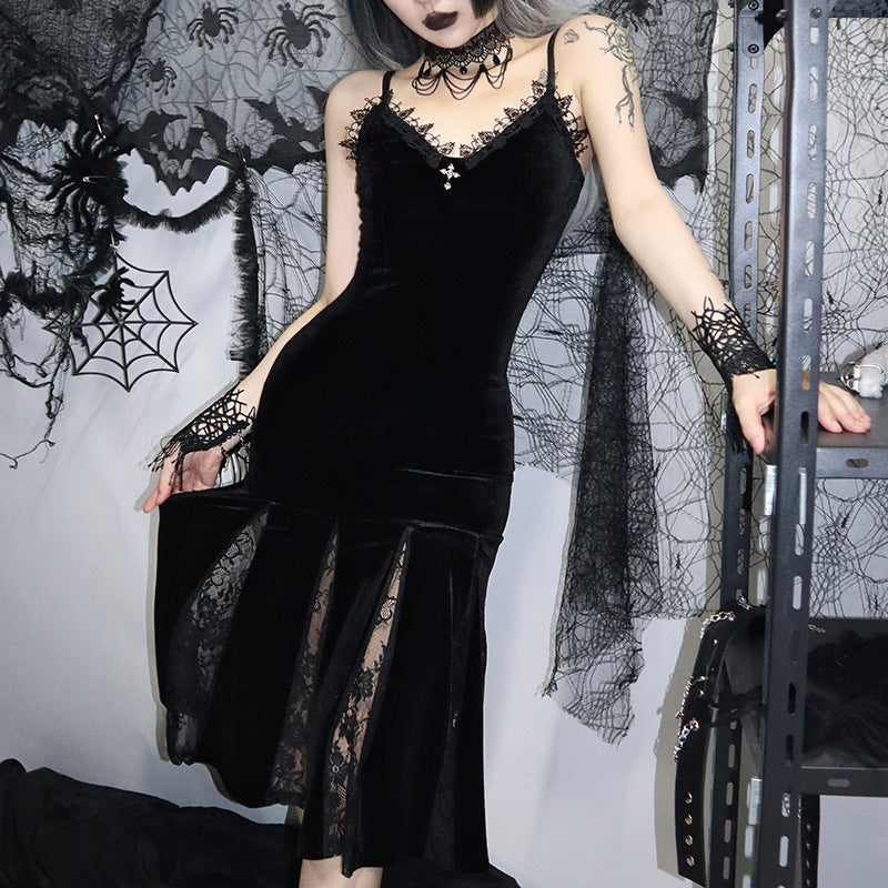 Lace Trimmed Dark Velvet Slip Dress - Black / S Lace Trimmed Dark Velvet Slip Dress - Black / S