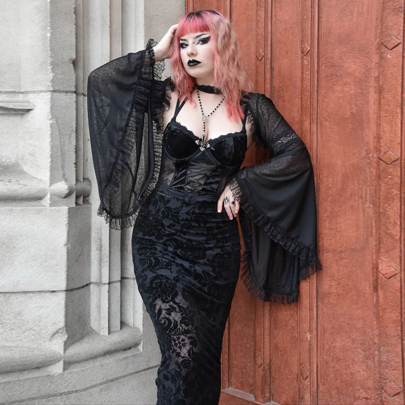 Gothic Lace Bell Sleeve Overlay Top