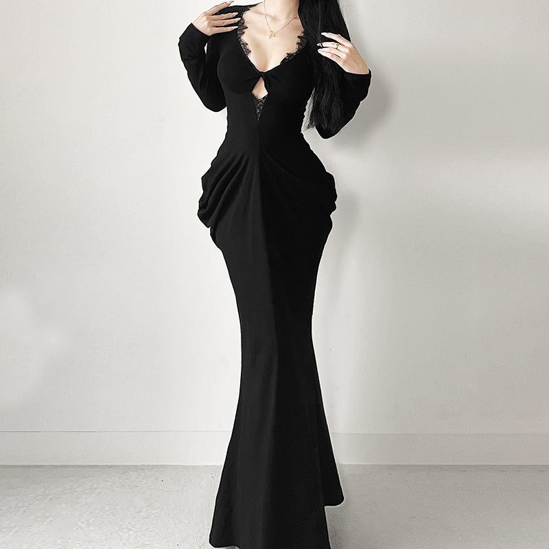 Gothic Elegant V Neck Bodycon Dress with Lace Detailing