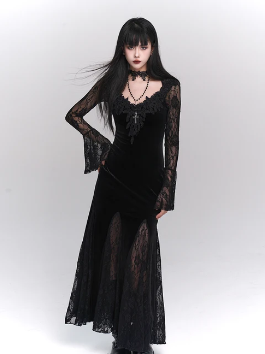 Gothic Velvet Maxi Dress with Lace Sleeves and V Neck