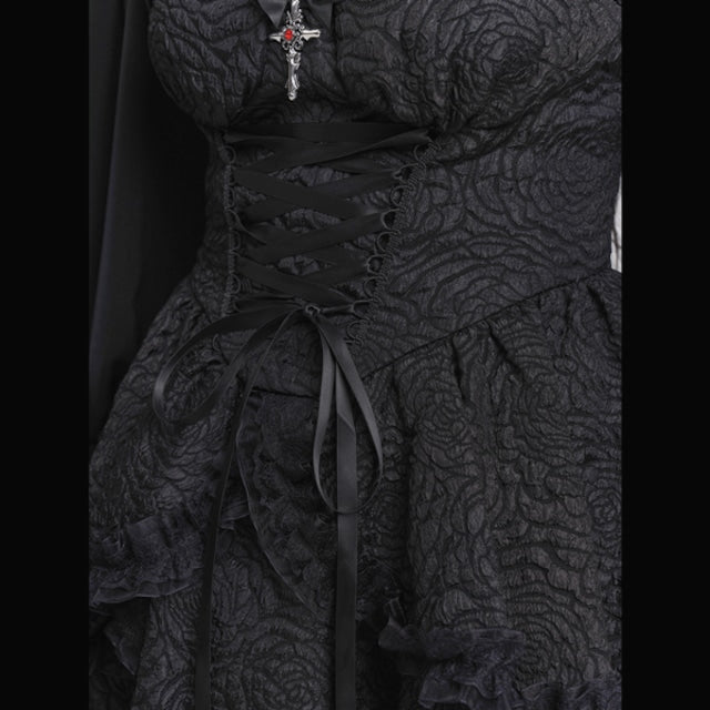 Black Lace-Up Flared Gothic Dress