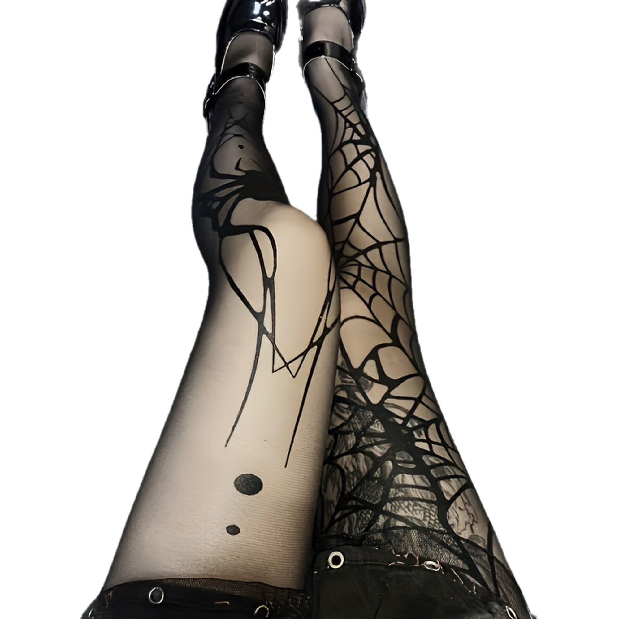 Load video: 1 Pair Womens Gothic Punk Spider Web Tights Dark Halloween Themed Full Leg Coverage with Sheer Panels Black Web Pattern Stretchy Comfort Fit for Costume Parties Themed Events Casual Attire Edgy Alternative Fashion Statement