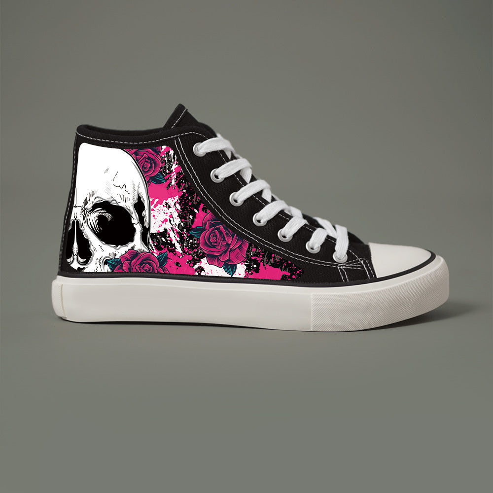 Load video: WomenS Black White HighTop Sneakers with Skull Roses Design LaceUp Casual Shoes Round Toe Durable PVC Sole AllSeason Comfort for Casual Attire Casual Footwear Cartoon Pattern Shoes Fabric Lined Interior