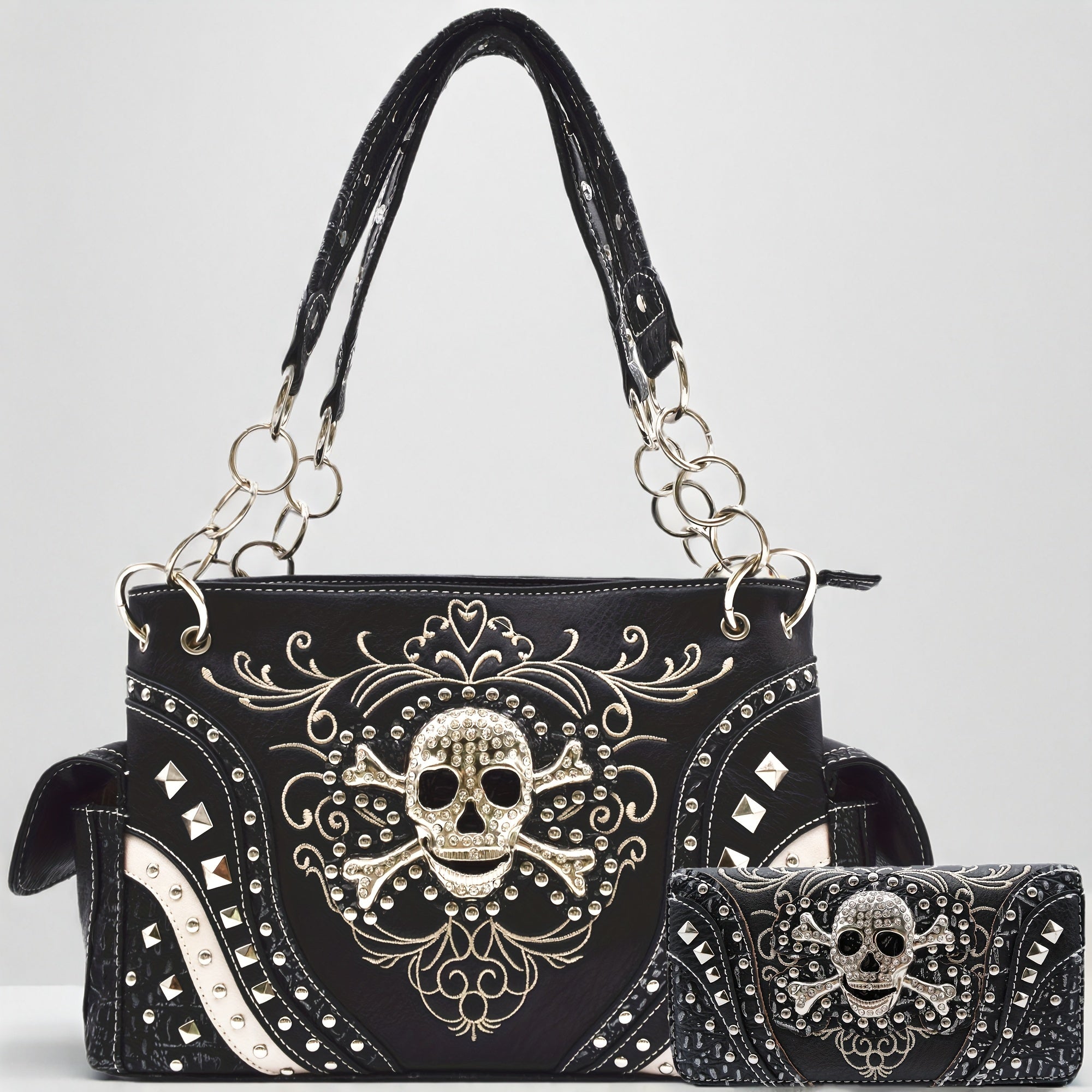 Load video: Punk Gothic Rock Metallic Skull Day Of The Dead Floral Sugar Skull Purse Women Handbag Shoulder Bag Wallet Set