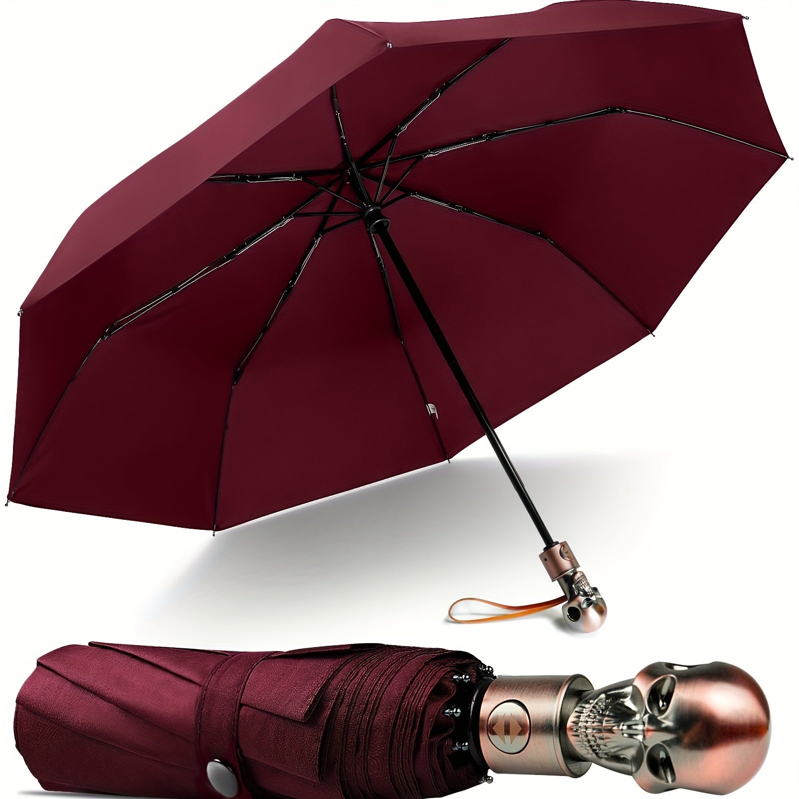 Load video: Creative And Trendy Large DoublePerson ThreeFold Folding Umbrella with a Fully Automatic Skull Design Available for Wholesale