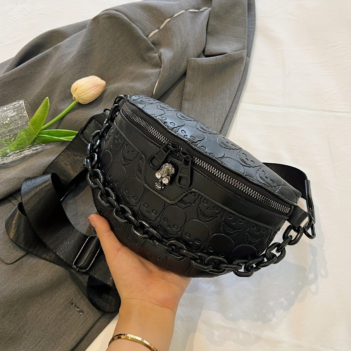 Load video: Halloween Skull Embossed Waist Bag Gothic Chain Decor belt bag Steampunk Chest Crossbody Bag