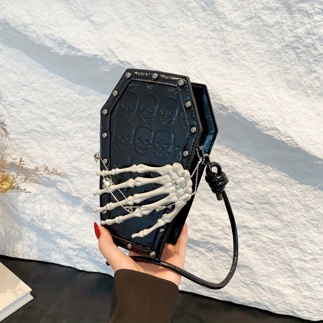 Load video: Gothic Skeleton Crossbody Bag Shoulder Messenger with Zipper Closure Polyester Lined Edge Paint Detail Solid Color Fashionable for Halloween Horror Theme Events