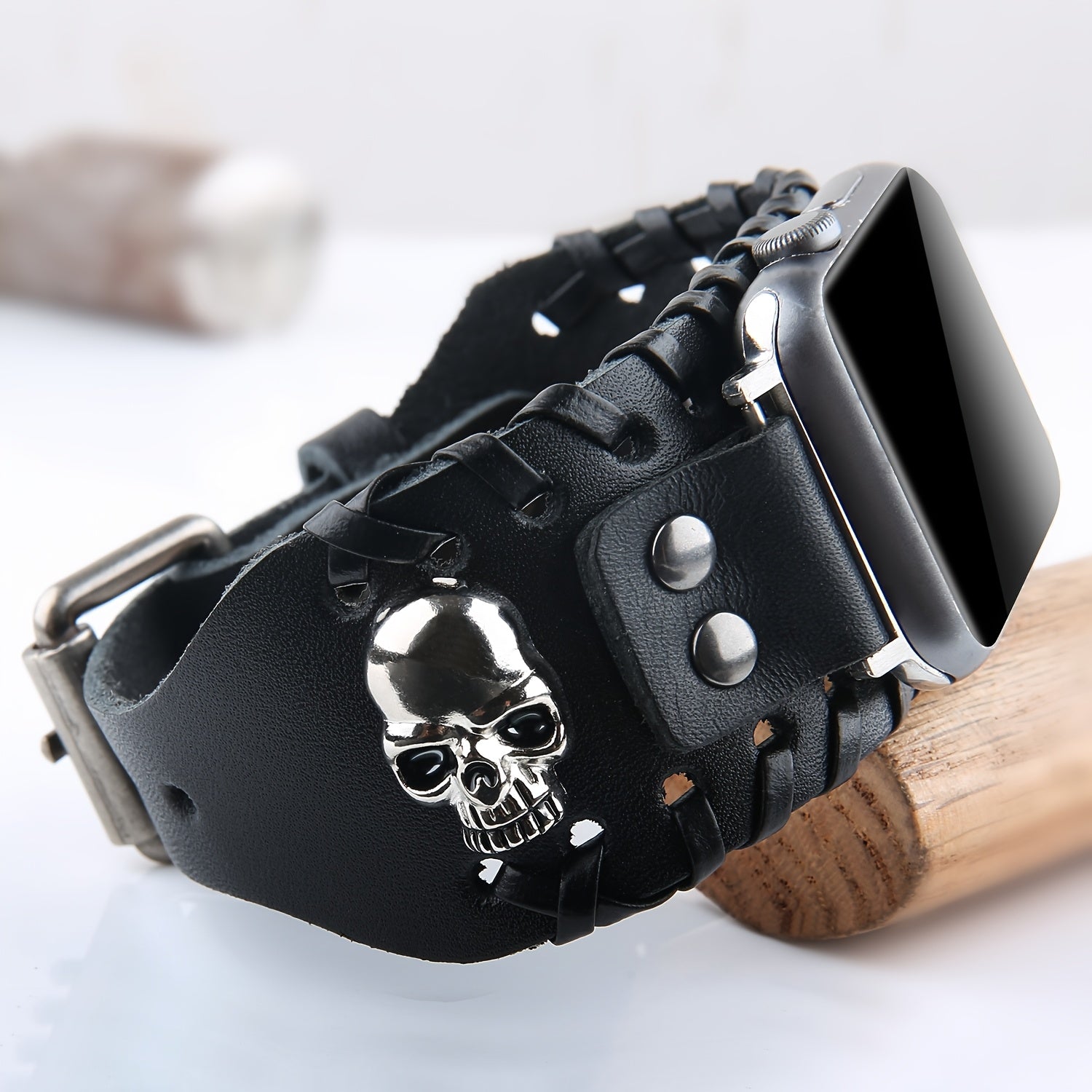 Load video: Faux Leather Band Skull Compatible with Apple Watch 4 5mm 44mm 42mm 41mm 40mm 38mm I Watch Series 987SE654321Ultra Women And Men Handmade Woven Bracelet Retro Smart