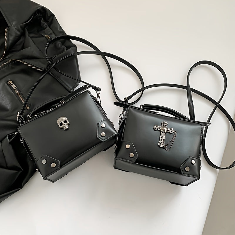 Load video: Skull Cross Punk Motorcycle Rivet Handbag Fashion Single Shoulder Crossbody Square Cosmetic Bag Suitable for Womens Daily Use Dating Gift