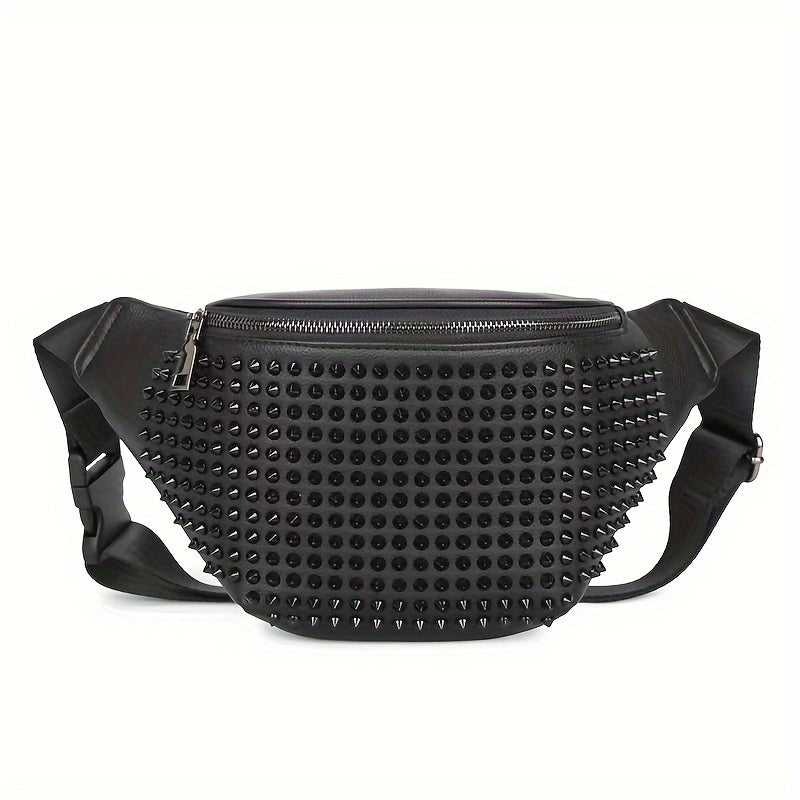 Load video: 1pc Fashion Casual Waist Bag with Adjustable Strap Black Rivet Detail Chest Bag for Going Out Zipper Closure Polyester Lined