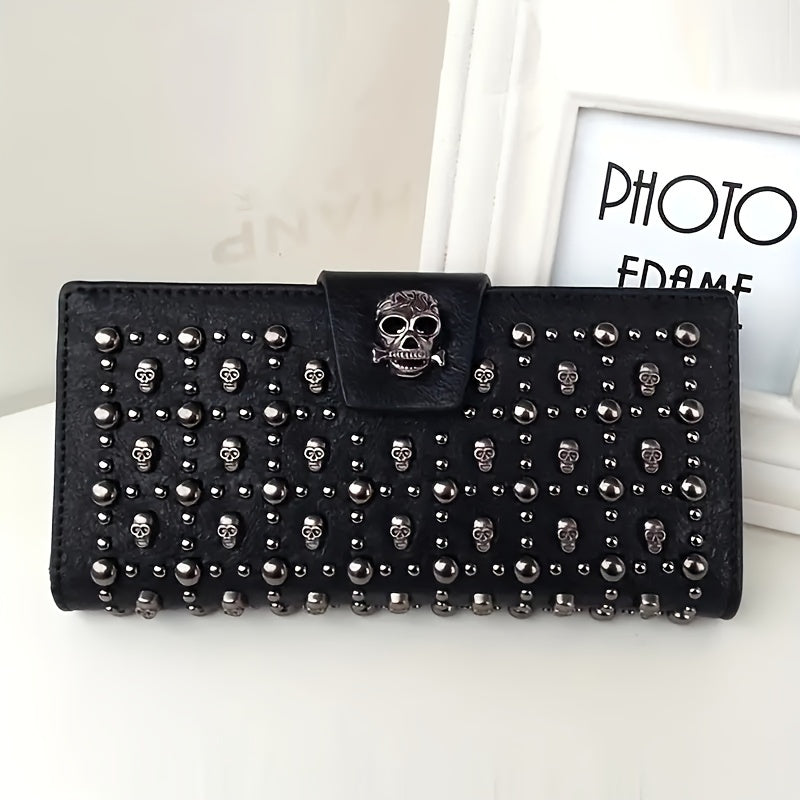 Load video: 1pc Mens PU Long Wallet Punk Style Skull Handbag Fashion Rivet Inlaid Clutch Bag