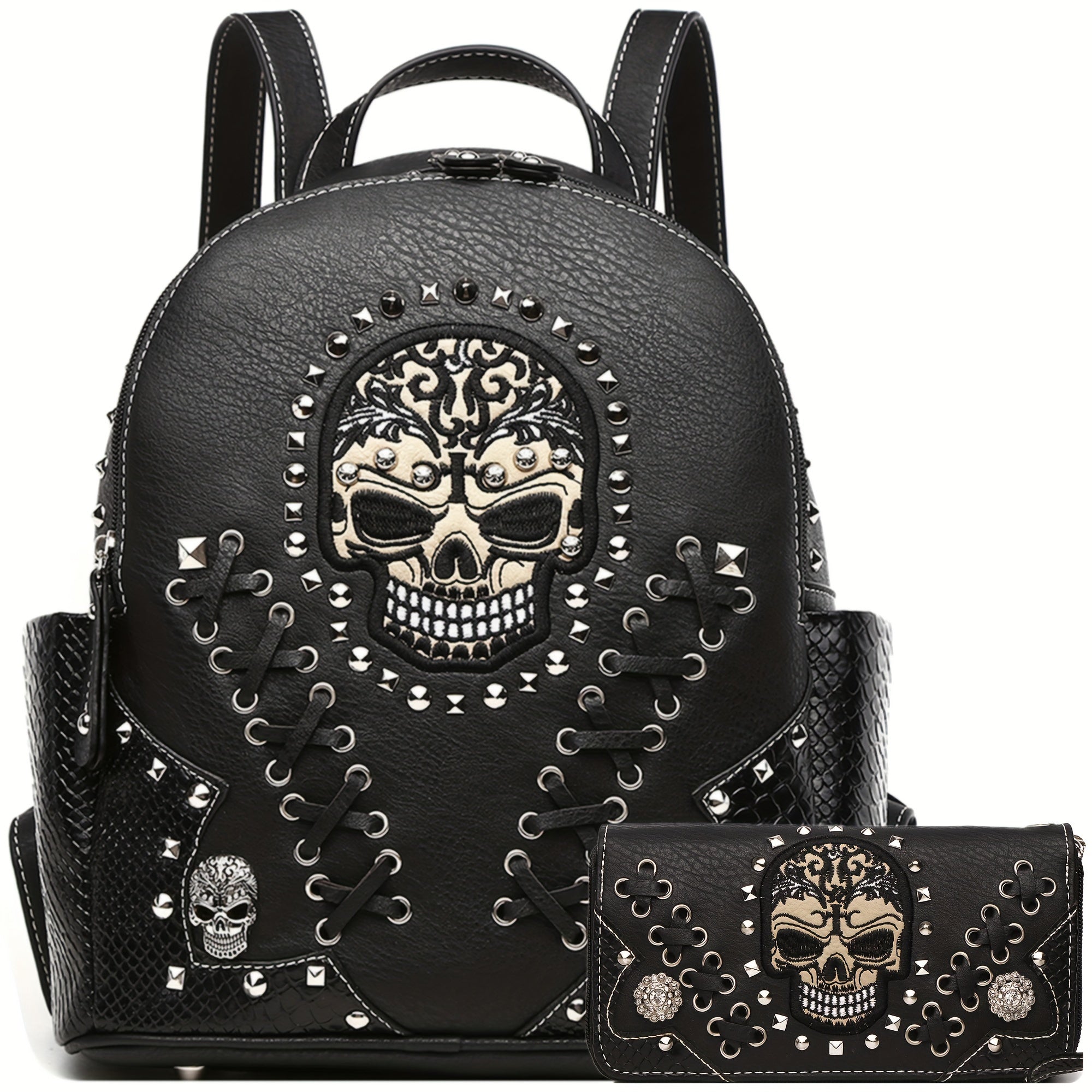 Load video: Sugar Skull Punk Art Rivet Stud Biker Purse Women Fashion Backpack Python Daypack Shoulder Bag Wallet Set Black Set Large