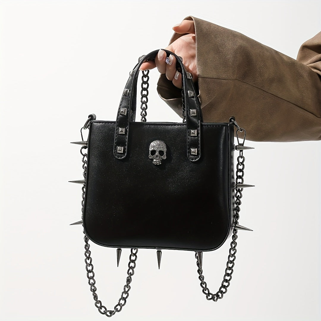 Load video: Halloween Trendy Cool Rivet Decor Handbag Gothic Style Crucifix Chain Handbag Perfect Handbag for Halloween Festival And Daily Use