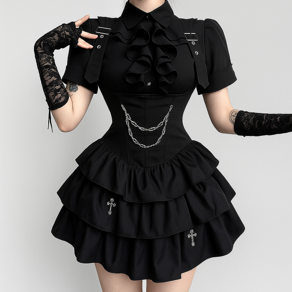 Gothic Ruffle Strap Mini Dress with Dark Puff Skirt and U-Neckline