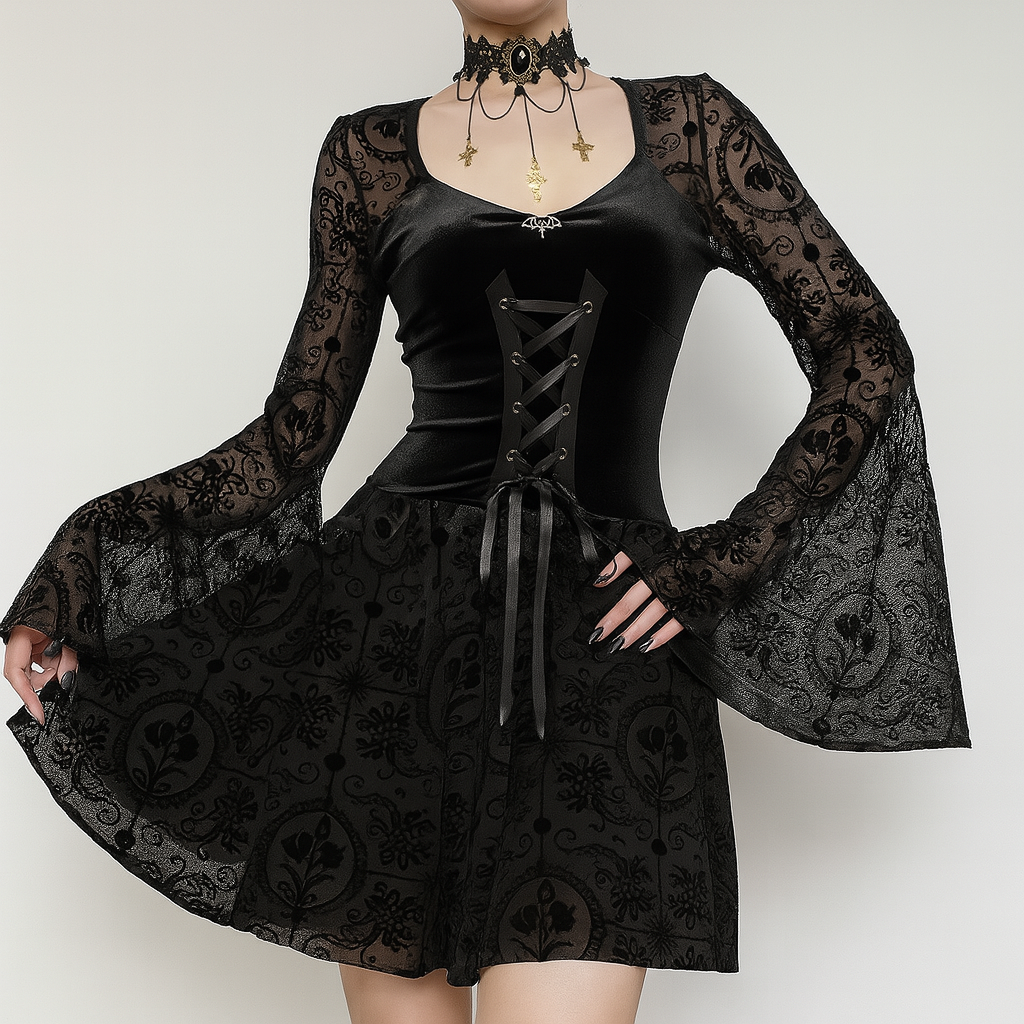 Elegant Gothic Velvet Floral Dress with Lace-Up Detail - Black / M Elegant Gothic Velvet Floral Dress with Lace-Up Detail - Black / M