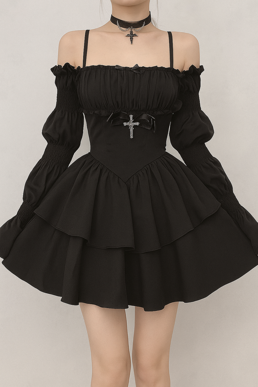 Gothic Bubble Sleeve Off-Shoulder Lolita Dress with Cross Detail