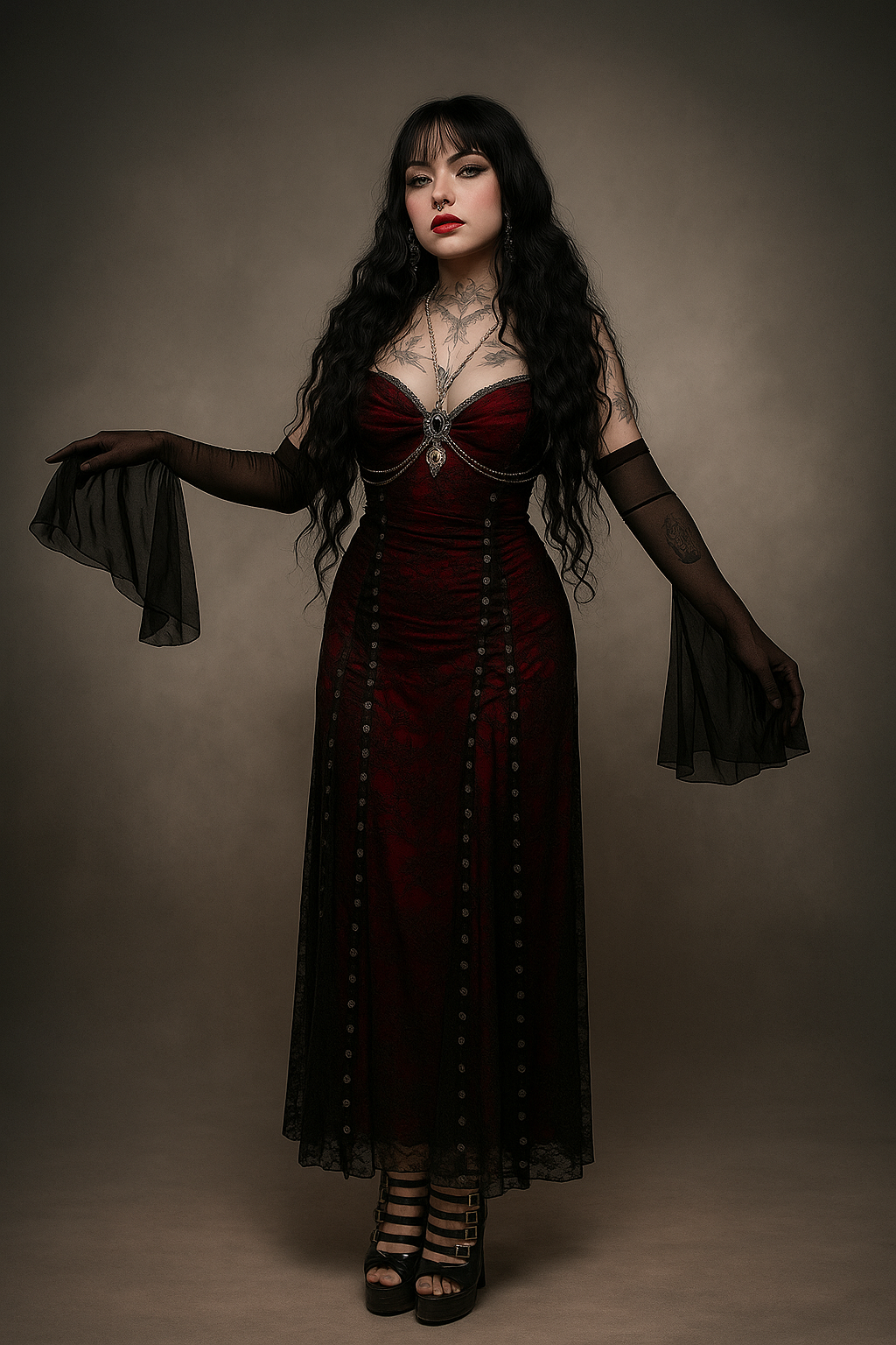 Shadowlace Reverie Gothic Maxi Dress with Double-Layer Lace - Red-Black / M Shadowlace Reverie Gothic Maxi Dress with Double-Layer Lace - Red-Black / M