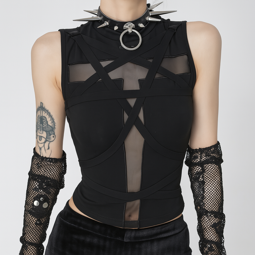 Sleek Black Cross Strap Sleeveless Top for Gothic Fashion