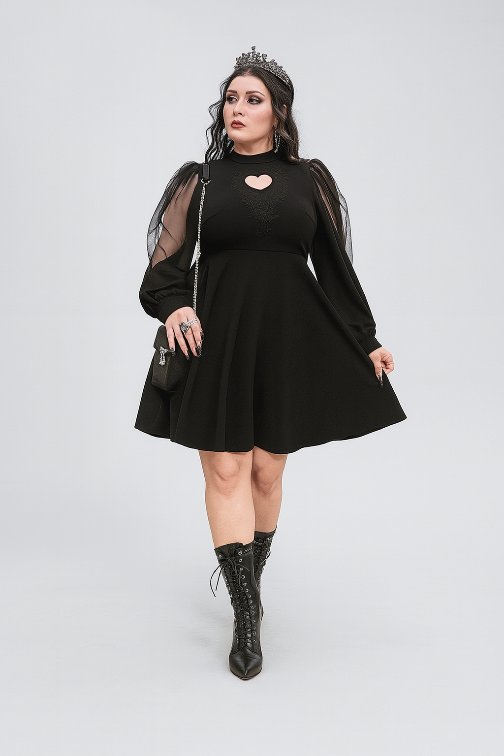 Dark Romantic A-Line Dress with Sheer Mesh Sleeves