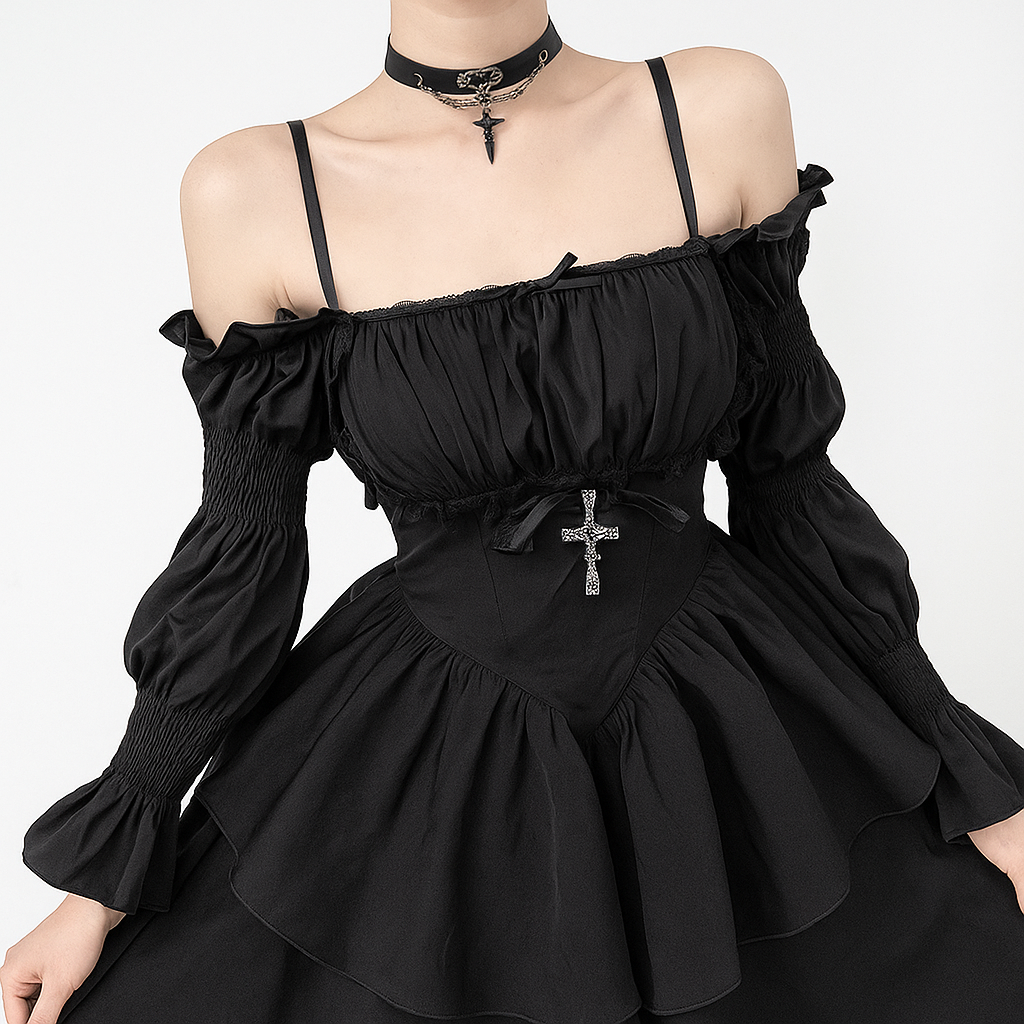 Gothic Bubble Sleeve Off-Shoulder Lolita Dress with Cross Detail