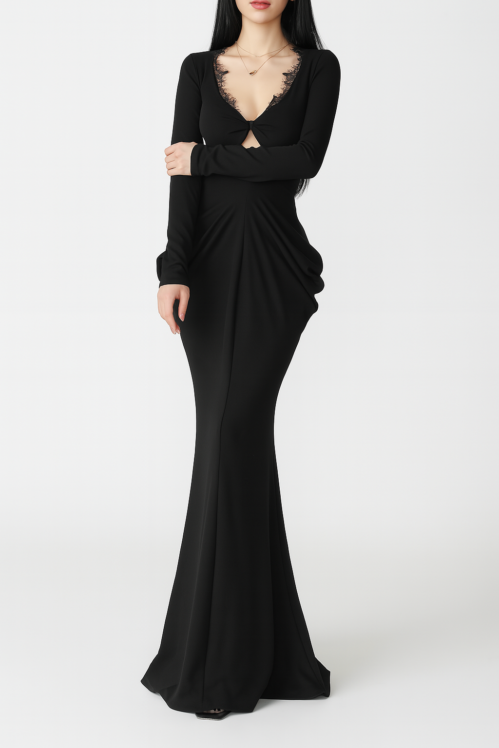 Gothic Elegant V Neck Bodycon Dress with Lace Detailing