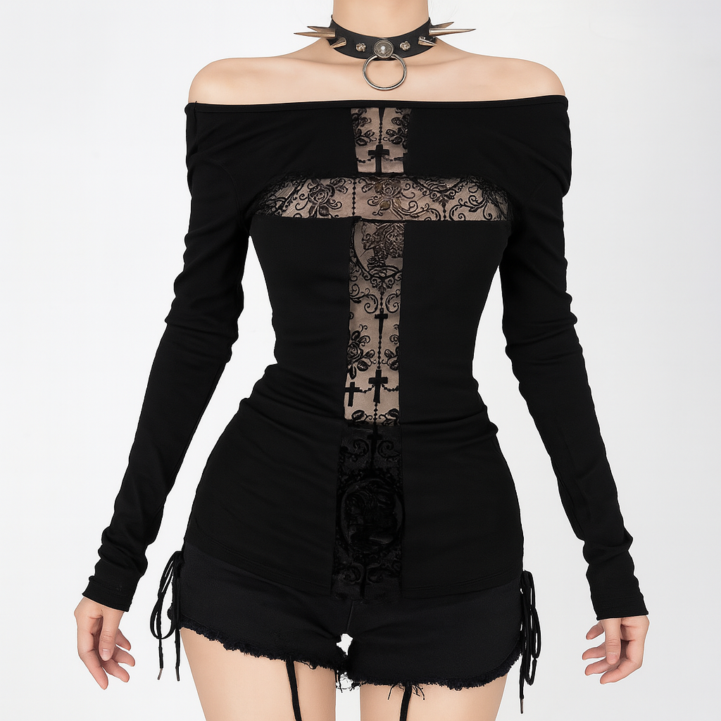 Cross Panel Gothic Top with Lace Accents for Women – Sourpuss