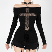 Cross Panel Gothic Top with Lace Accents