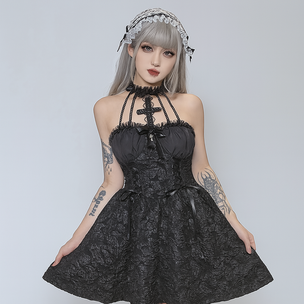 Witchy Cross-Back Ruffled Dress for Halloween Elegance - Black / S Witchy Cross-Back Ruffled Dress for Halloween Elegance - Black / S