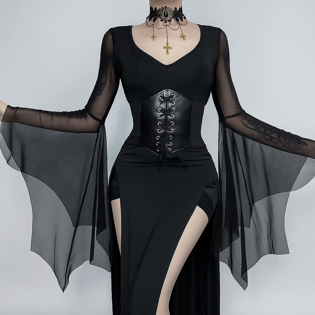 Gothic Black Mesh Sleeve Asymmetric Maxi Dress for Dark Streetwear