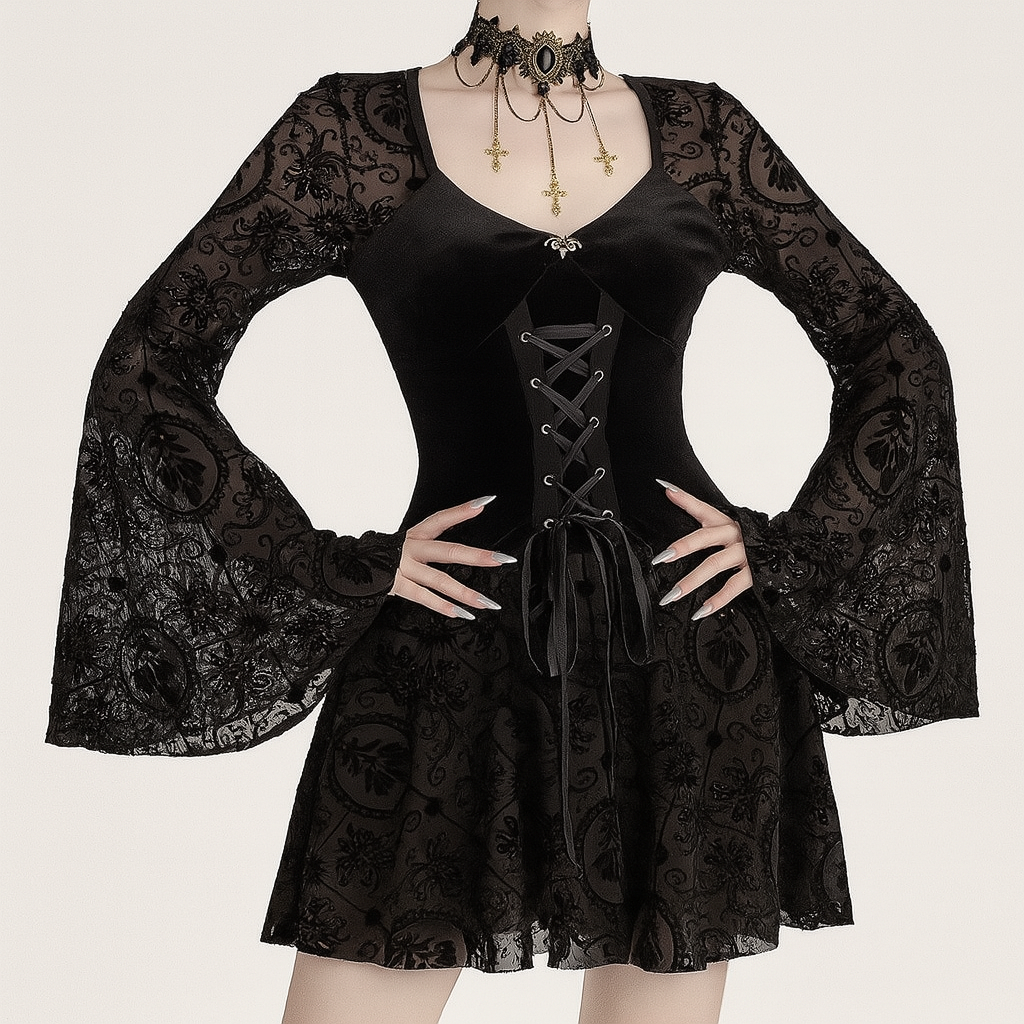Elegant Gothic Velvet Floral Dress with Lace-Up Detail