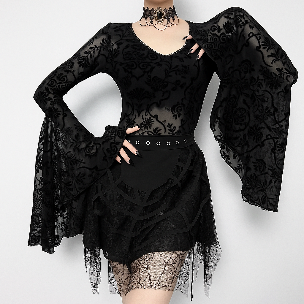 Gothic Black Top With Flared Sleeves Solid Color Textured Heart