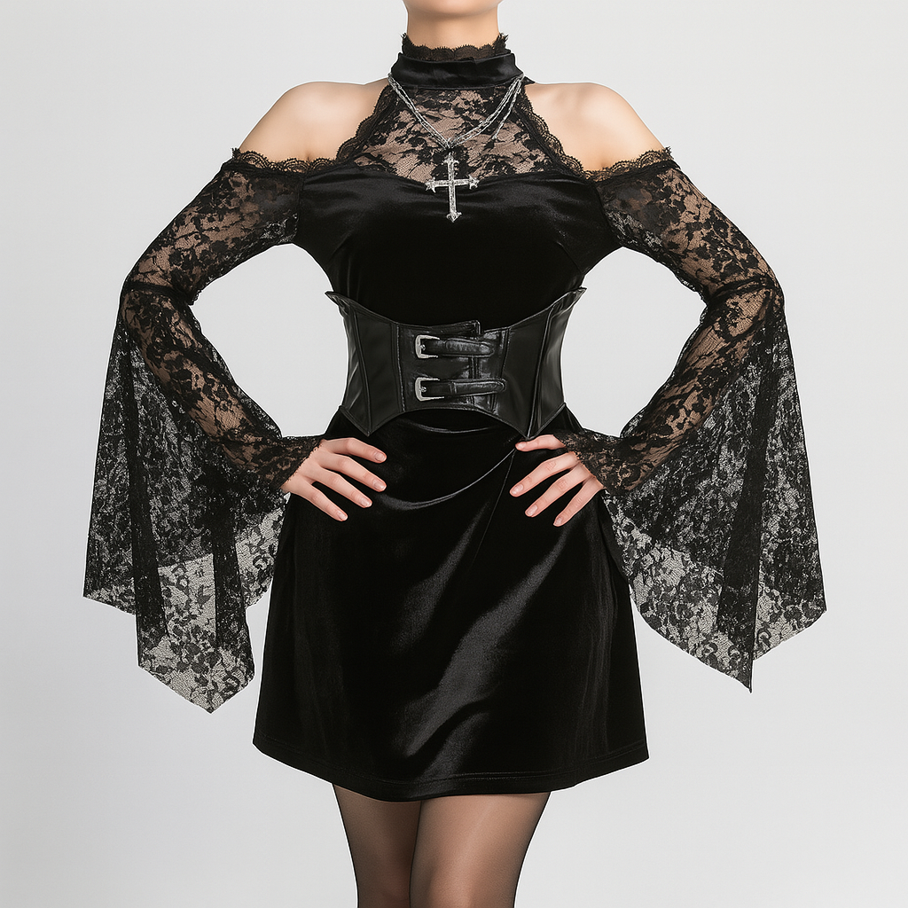 Elegant Gothic Lace Bodycon Dress with Flared Sleeves