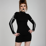Skull Sword Gothic Dress with Long Sleeves and Fishnet Accents