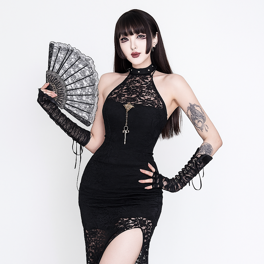 【MONOHA】Lace dress (black) Halter Lace Draped Maxi Dress Black - Luxe Maxi Dresses and