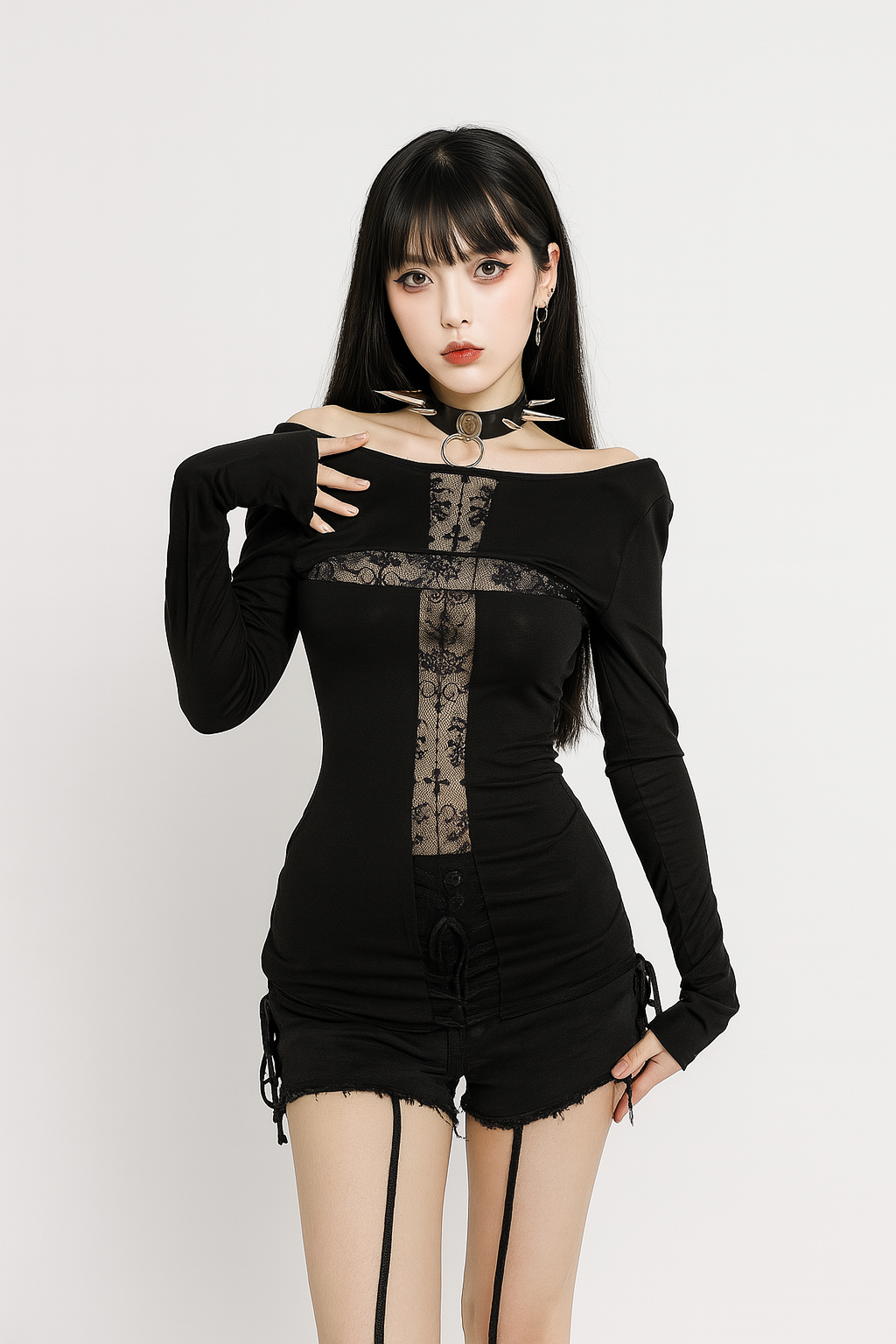 Cross Panel Gothic Top with Lace Accents
