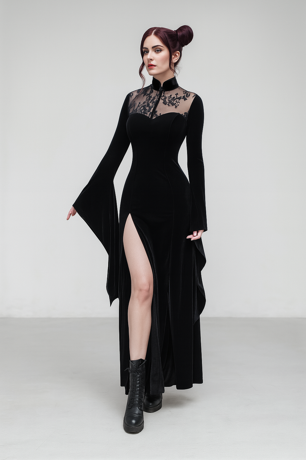 Witchy Lace Slit Maxi Dress for Gothic Elegance