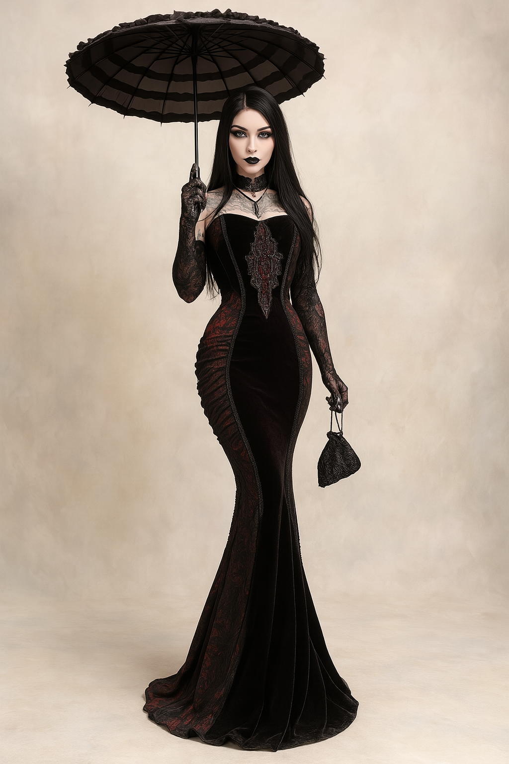 Fishtail Gothic Dress with Color Block Design and Halter Neckline