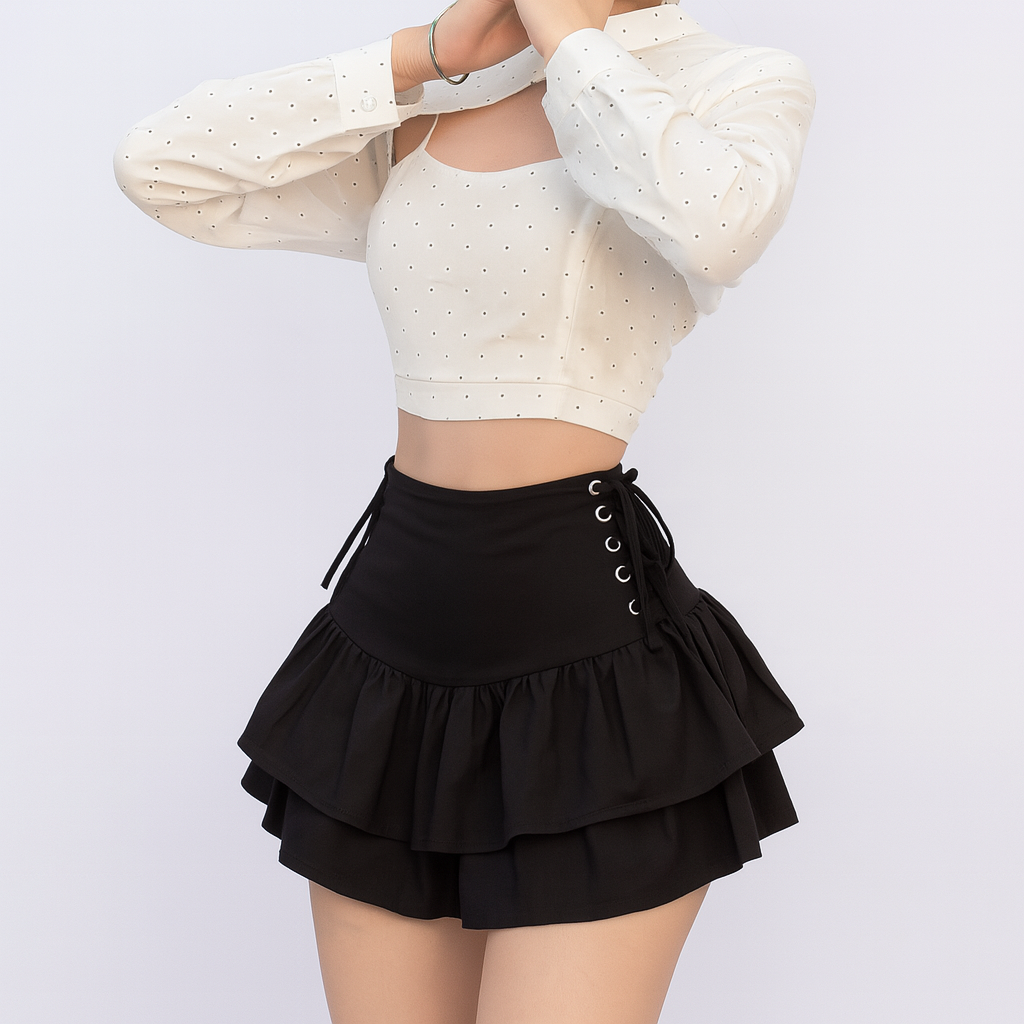 Gothic Summer Mini Skirt with Side Tie and Ruffled Layers