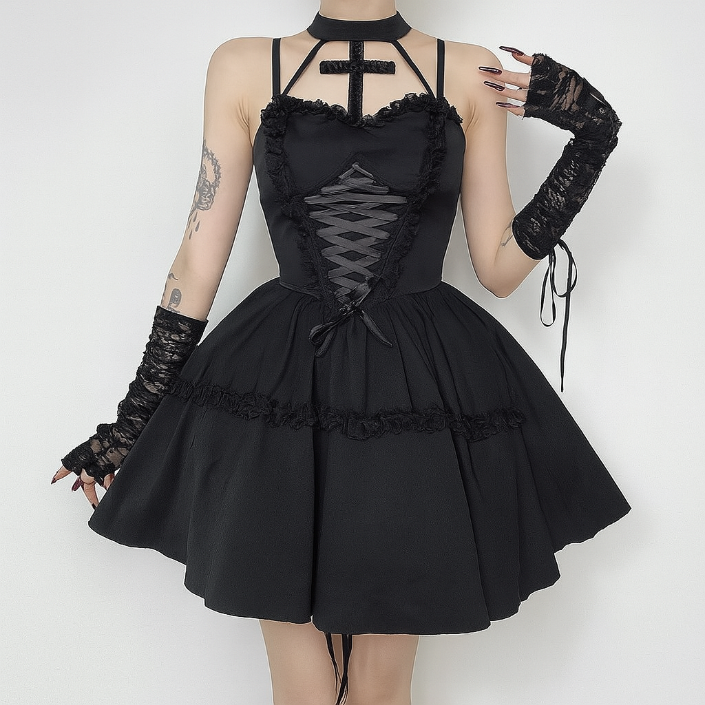 Gothic Cross Halter Dress with Lace Accents