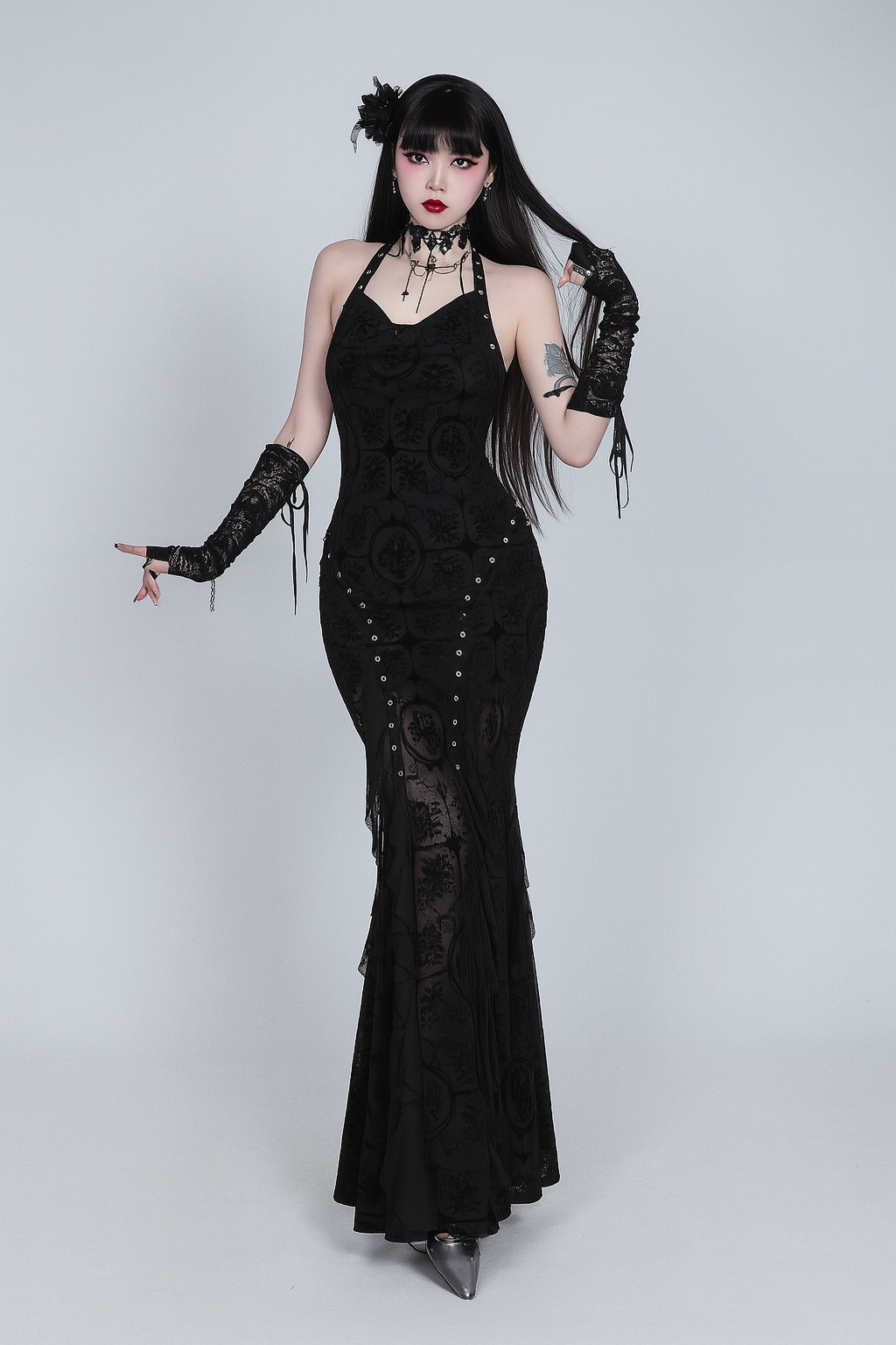 Plush Velvet Halter Long Dress with Fish Tail Silhouette
