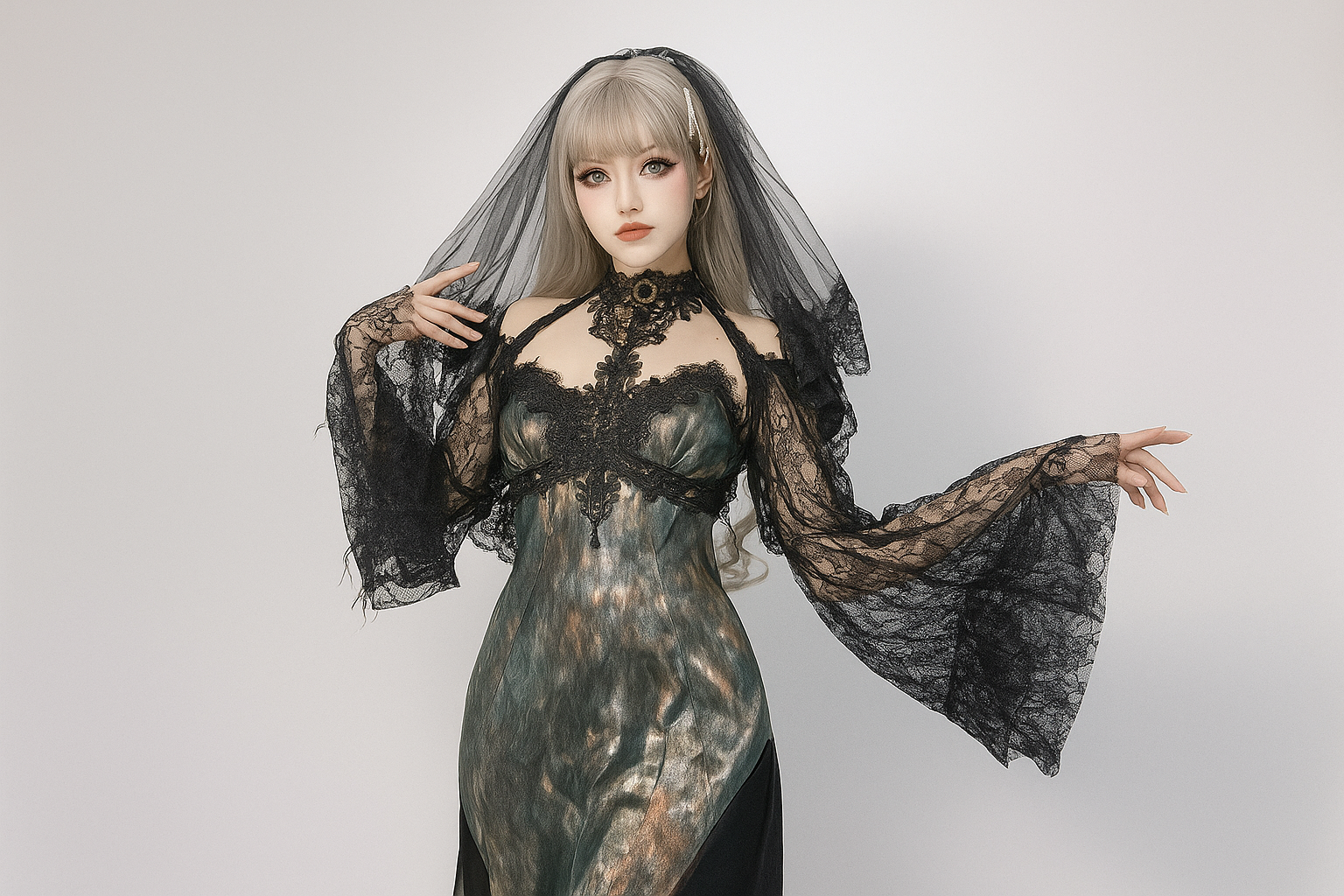Midnight Lace Cape Cardigan with Flared Sleeves