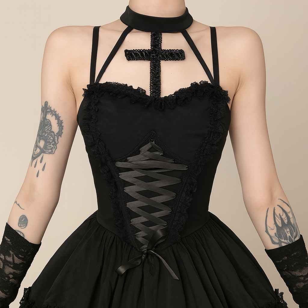 Gothic Cross Halter Dress with Lace Accents