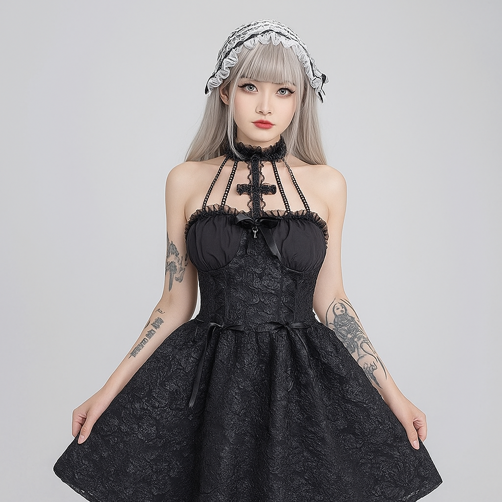 Gothic Cross Halter Mini Dress with Ruched Backless Puff Skirt